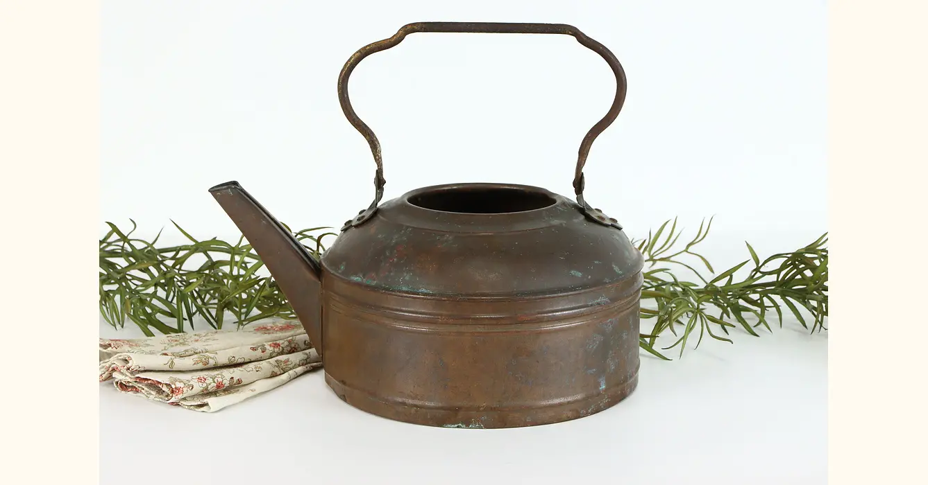 Copper Antique Large Tea Kettle, Wrought Iron Handle