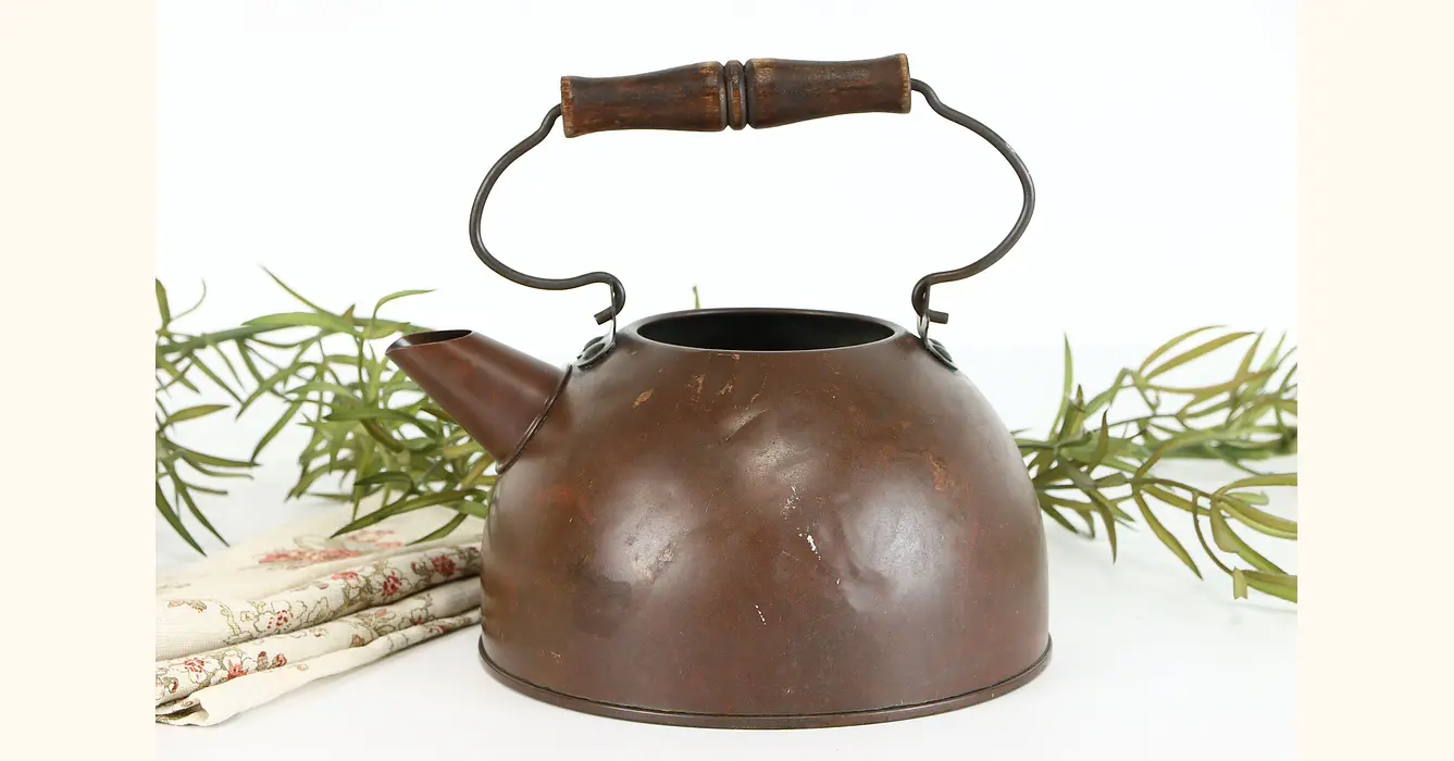 Vintage Copper Tea Pot With Wooden Handles With Spout Plug
