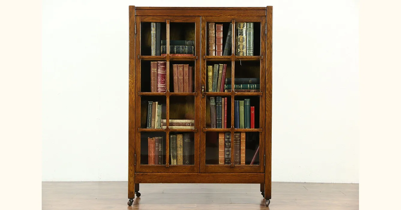 Arts & Crafts Mission Oak 1900 Antique Craftsman Library Bookcase, Signed