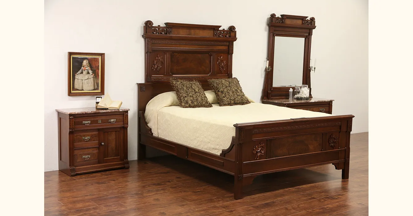 Victorian Eastlake 1880's Queen Size 3 Pc. Walnut Burl Bedroom Set ...