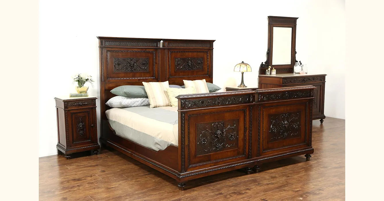 Italian Walnut Antique 4 pc. Bedroom Set, Marble, Carved Angels, King ...