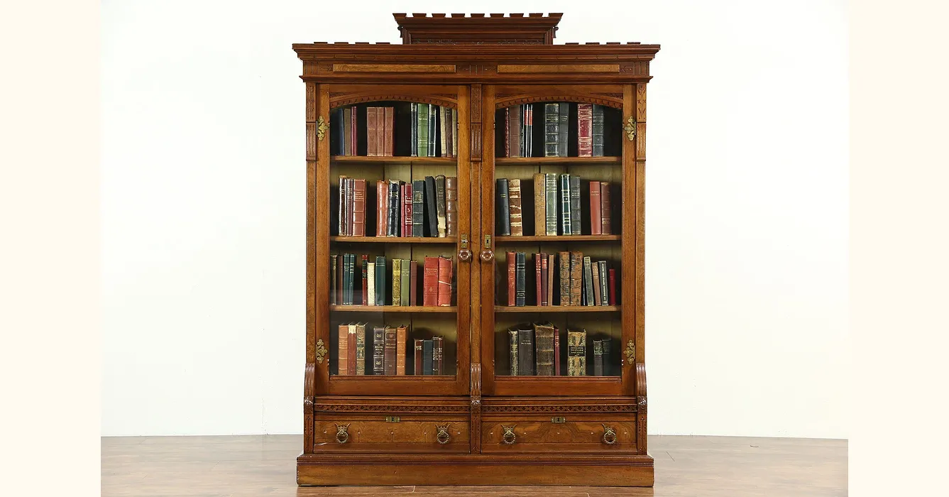 Victorian Eastlake 1870's Antique Library Carved Walnut Bookcase