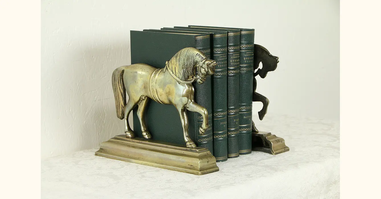 Pair of Antique equestrian brass bookends — relic