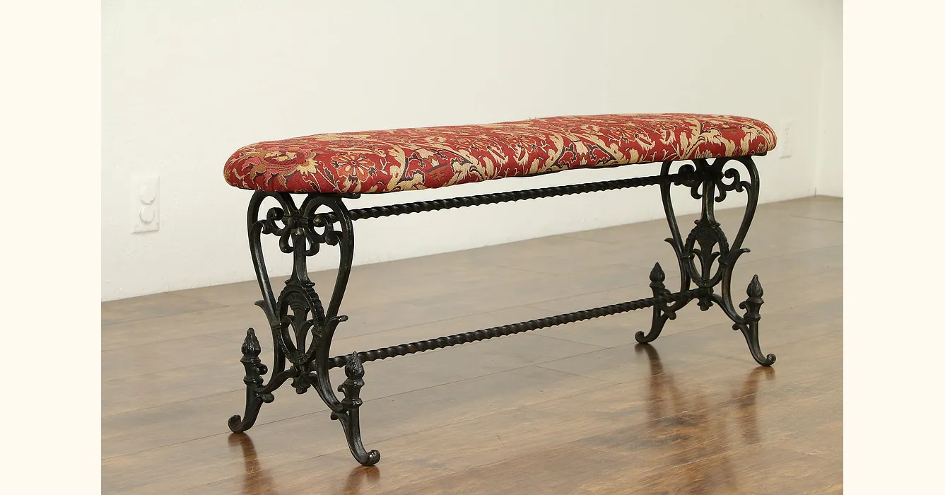 Wrought Iron Antique 4' Curved Bench, New Upholstery