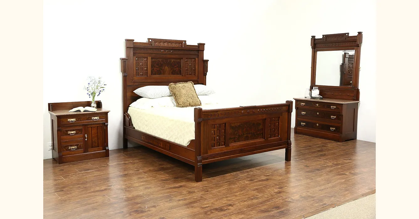 Victorian Antique Walnut 3 Pc Queen Bedroom Set Marble Tops