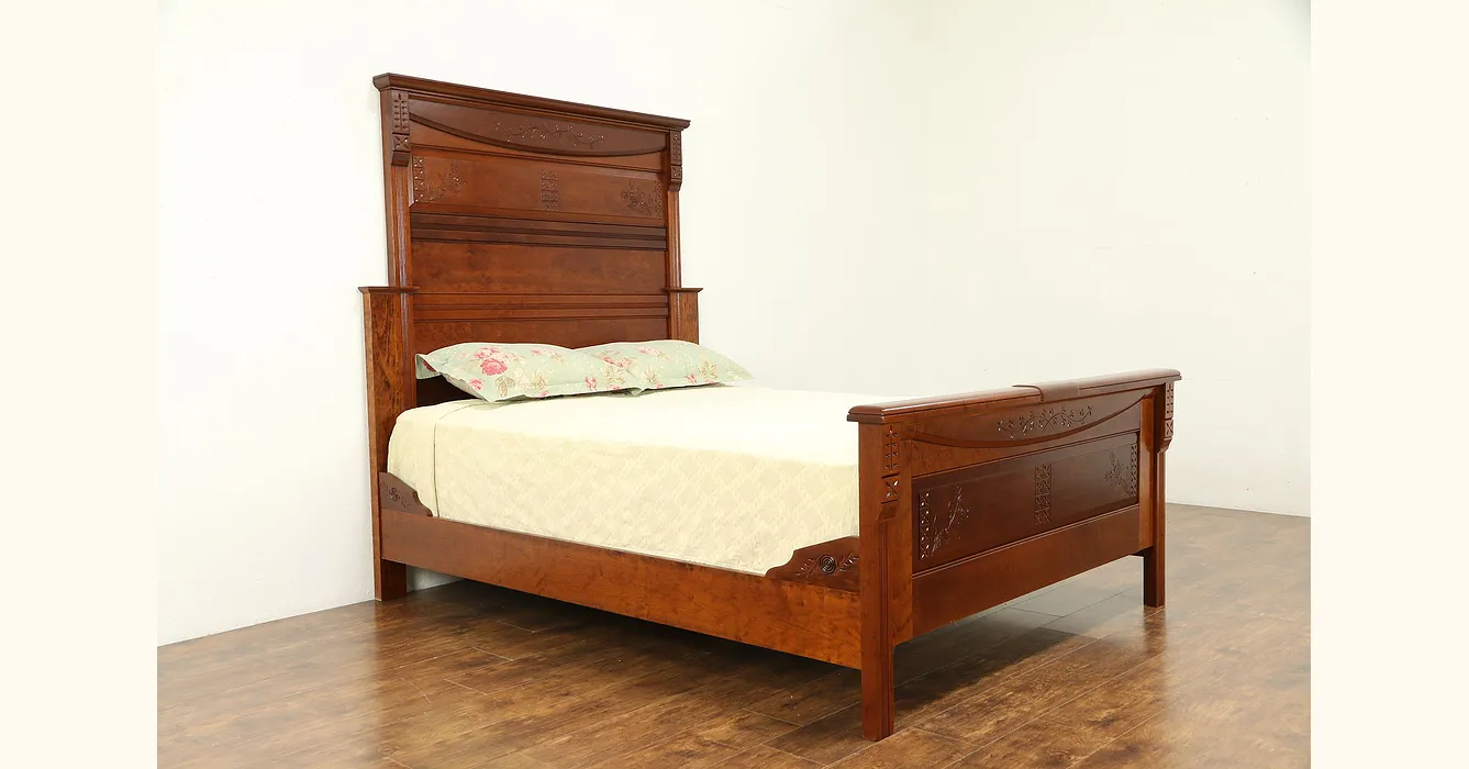 Victorian Eastlake Antique 1880 Carved Cherry Queen Size Bed