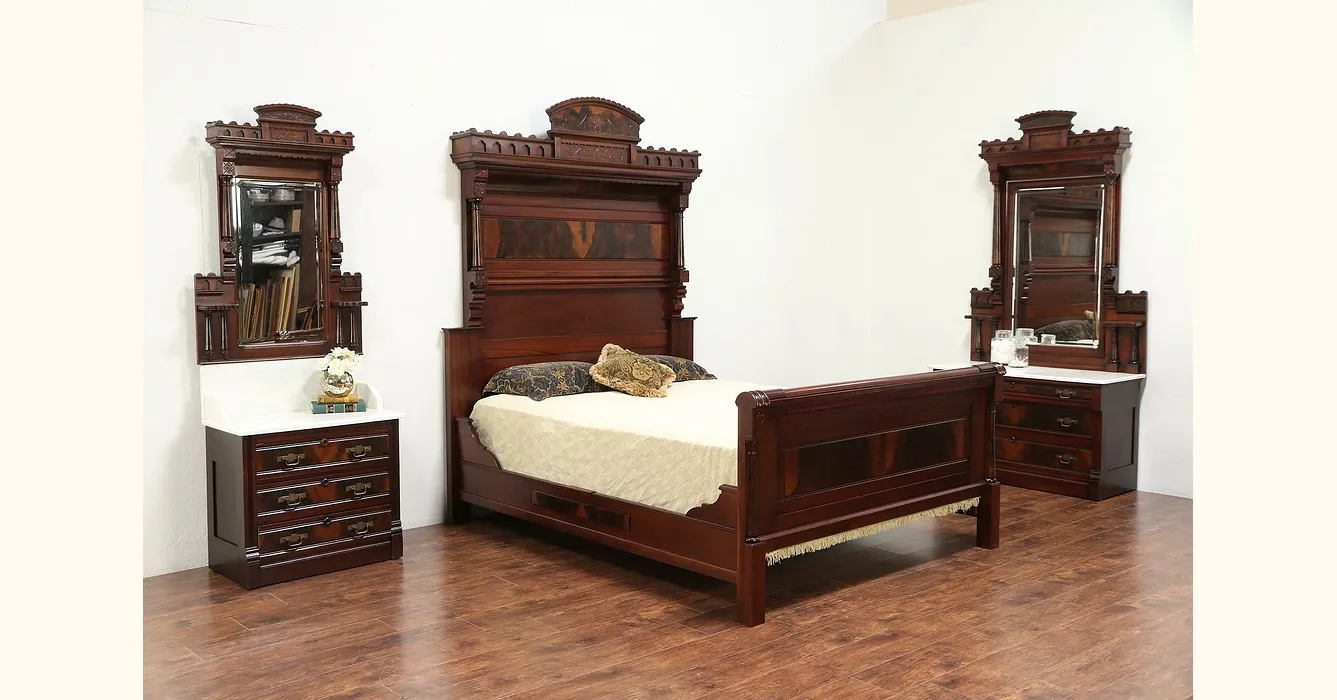 Victorian Antique Walnut 3 Pc. Queen Size Bedroom Set, Marble Tops