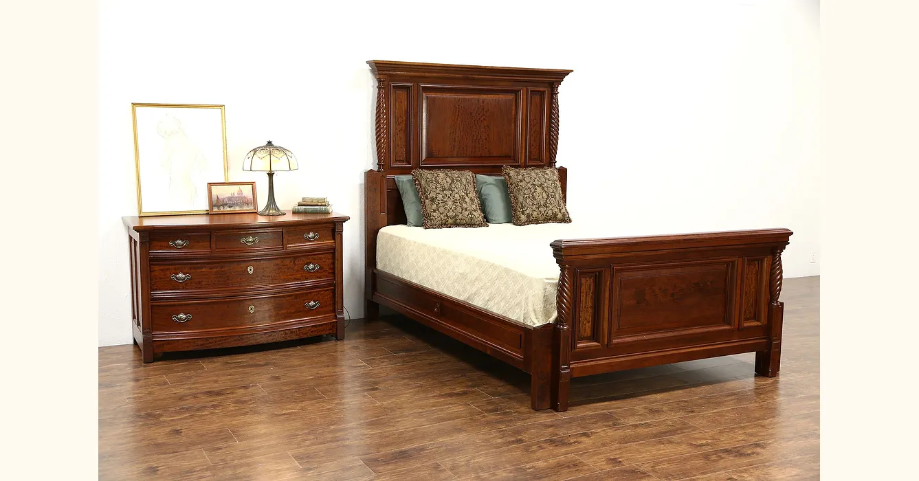 Queen Size 2 Pc. Carved Cherry & Mahogany 1890 Antique Bedroom Set