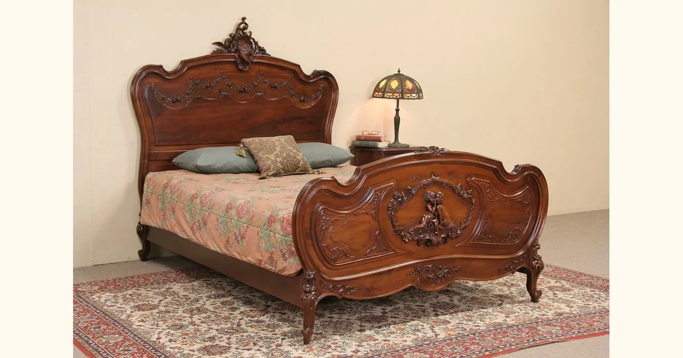 Antique French Bed, Louis XV Style Carved Walnut, 19th C., 1800s