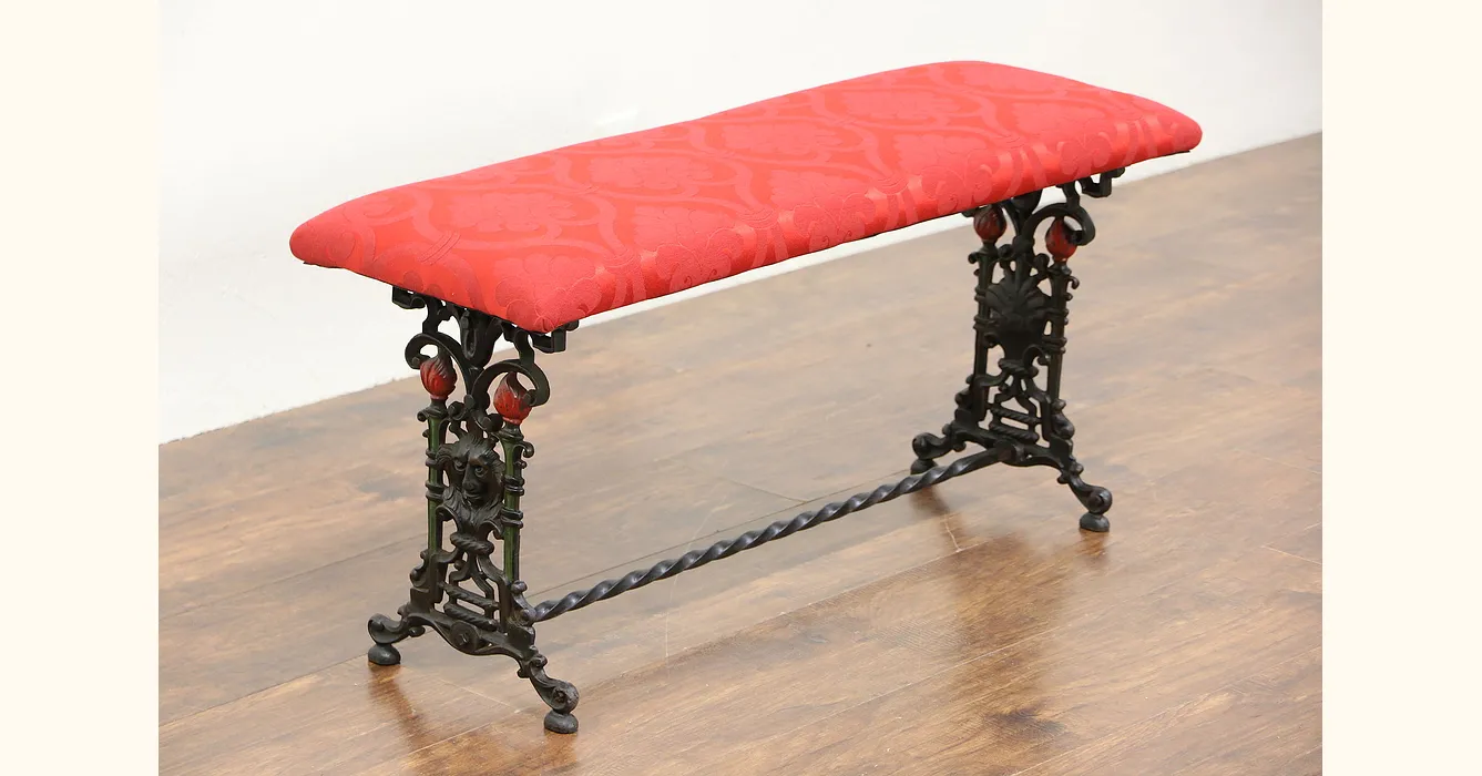 Cast Iron 1915 Antique Bench, Lion Faces & Torches, New Upholstery