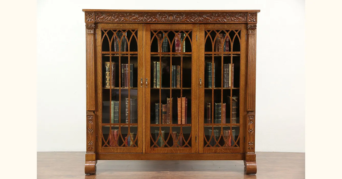 Oak Gothic Carved 1910 Antique Triple Library Bookcase