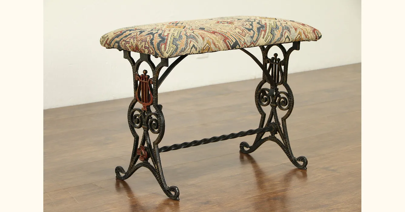 Iron Antique Bench, Hand Painted Lyre Design, New Upholstery