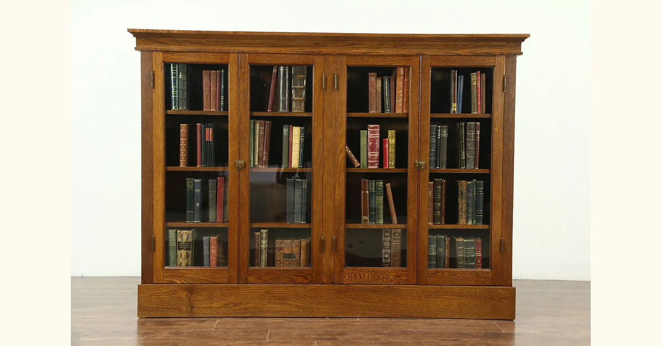 Oak 1900 Antique Library Bookcase, 4 Wavy Glass Doors, Adjustable Shelves