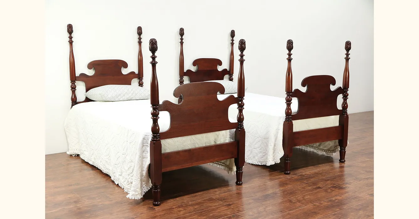 Pair Antique Cherry Twin Beds, Pineapple Posts, Signed Athens