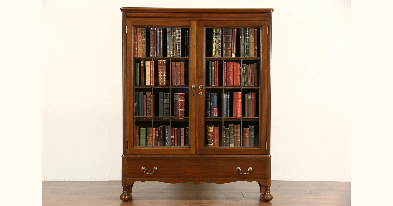 Walnut 1920 Antique Library Bookcase, Leaded Glass Doors, Signed