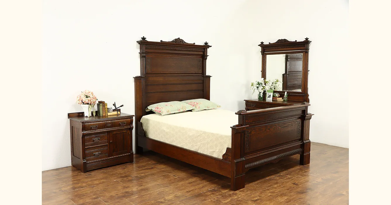 Victorian Eastlake Antique Carved Oak 3 Pc Bedroom Set, Queen Size Bed