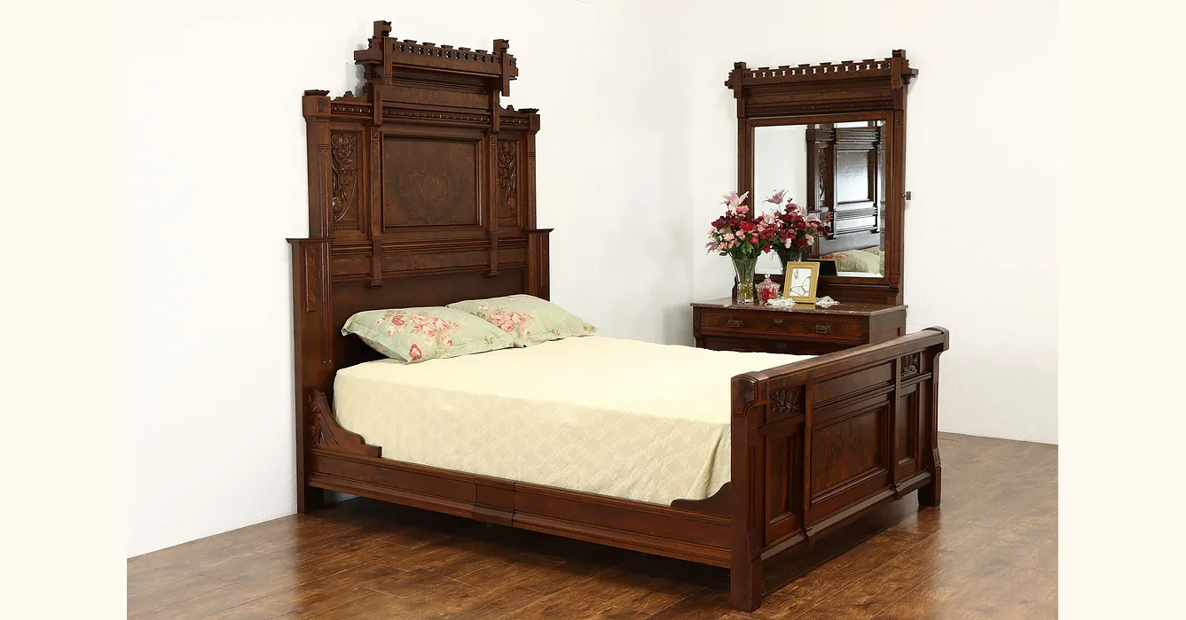 Victorian Eastlake Antique Walnut 2 Pc Bedroom Set Queen Size Bed, Marble