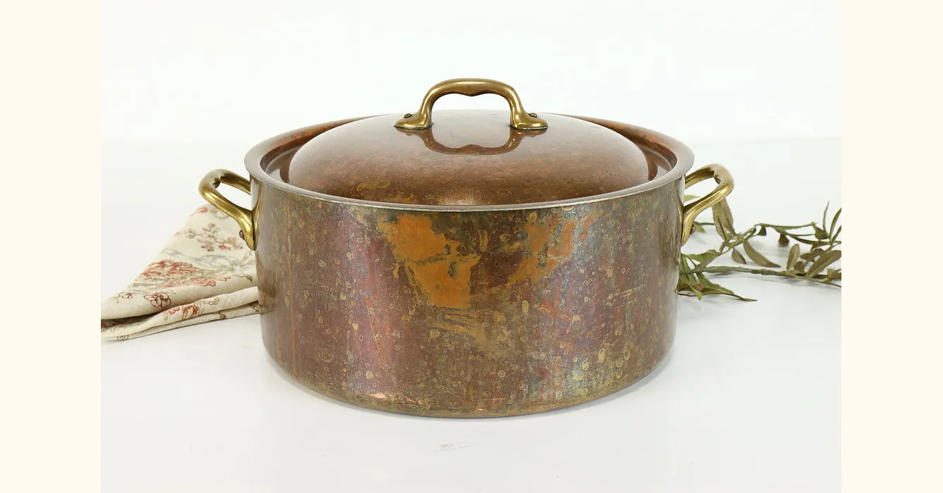 Vintage Stoneware Pottery Dutch Oven With Wood Handles & Copper Carrier USA