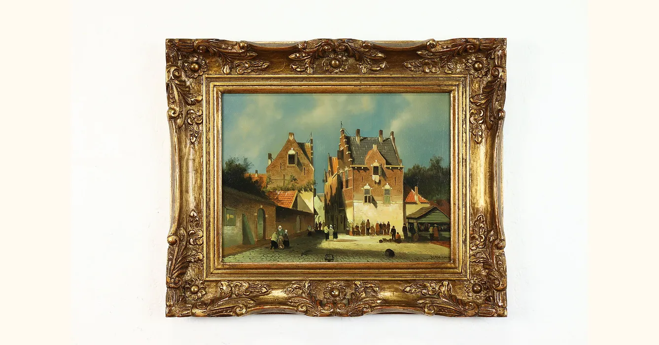 Dutch Village Street Scene Vintage Original Oil Painting, 23