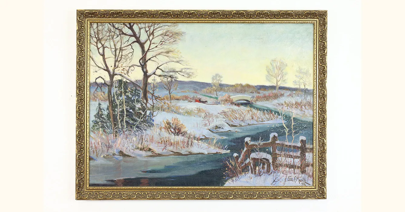 Sunrise over Winter Landscape Antique Original Oil Painting, Klotz 33