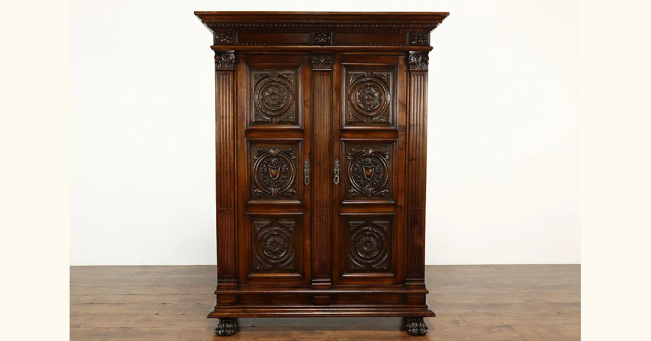 Italian Renaissance Antique Carved Fruitwood Armoire, Wardrobe, Bookcase