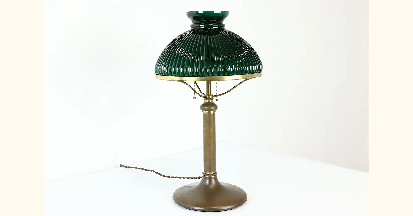 1920s Brass Library Lamp w/ Green Glass Hemisphere Shade