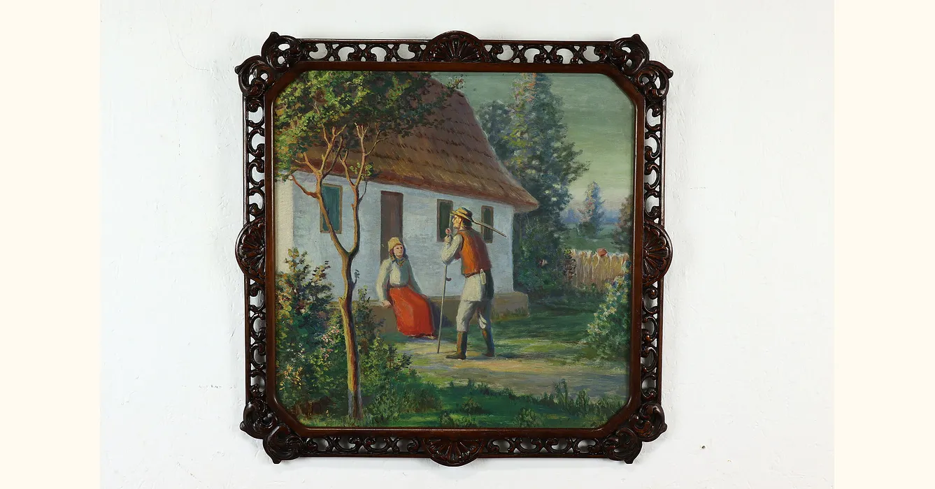 Farmer Wife With Cottage Antique Original Oil Painting 25 5   Farm40154oil .webp