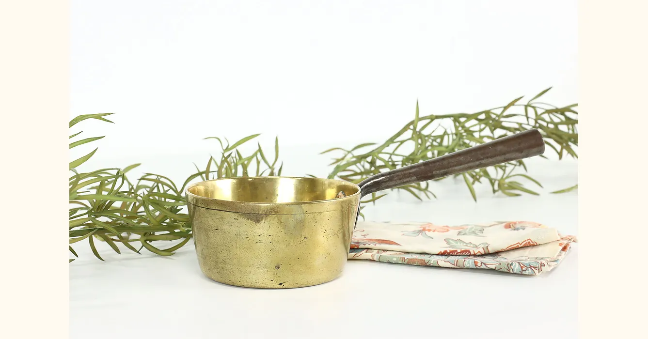 Farmhouse Antique Brass Sauce Pan or Pot, Iron Handle