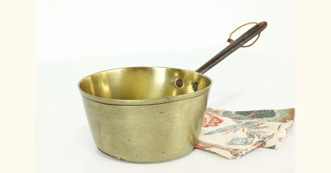 Farmhouse Antique Brass Sauce Pan or Pot, Iron Handle