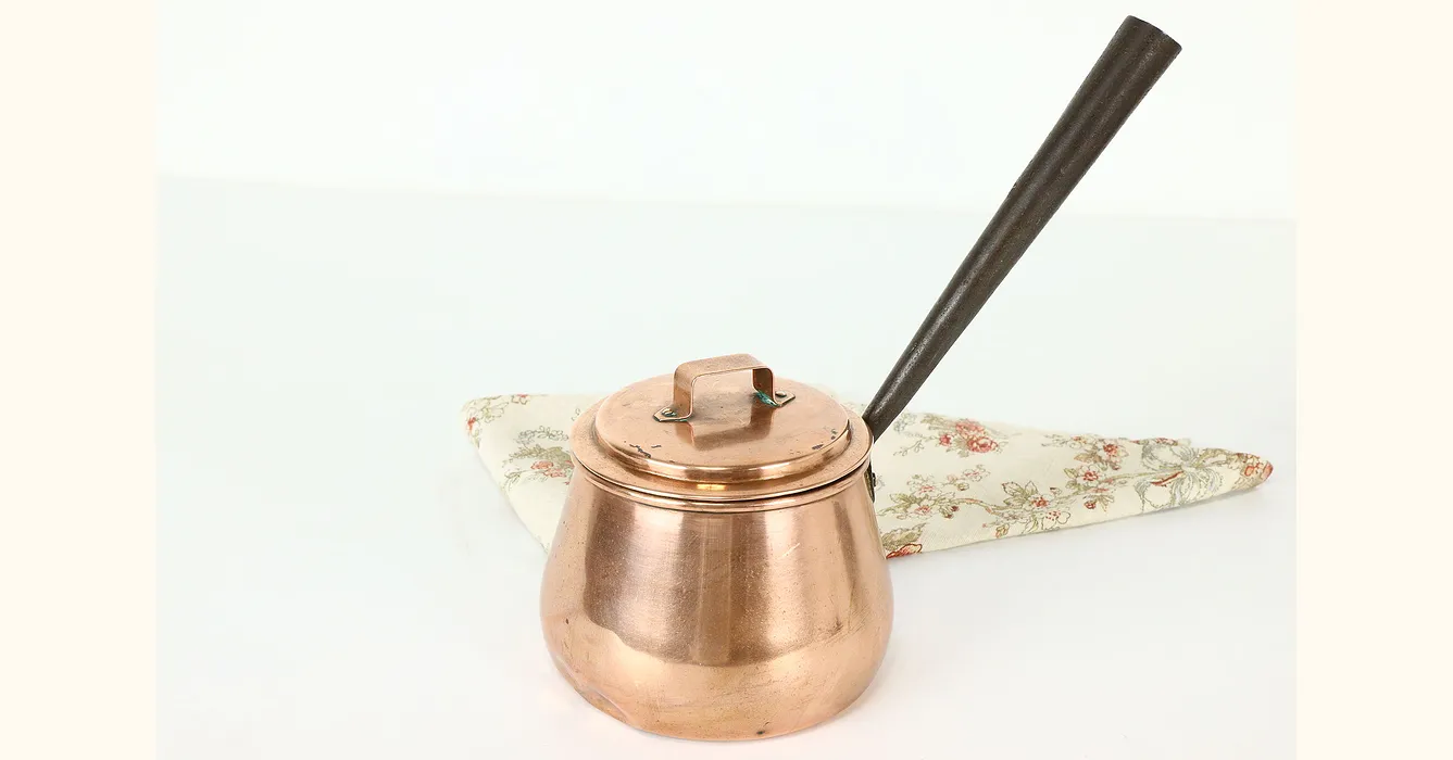 Farmhouse French Vintage Solid Copper Sauce Pan with Lid, Brass Handles  #38099