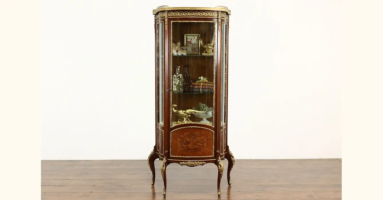 Louis XV French Style Reproduction Bombe Curio China Cabinet Vitrine with  Bronze