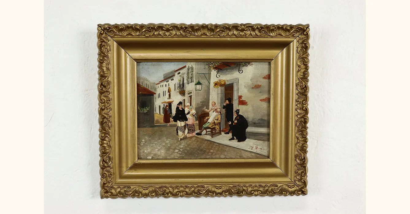 Village Barber Shopping Women Vintage Original Oil Painting 13   Bar41197ber .webp