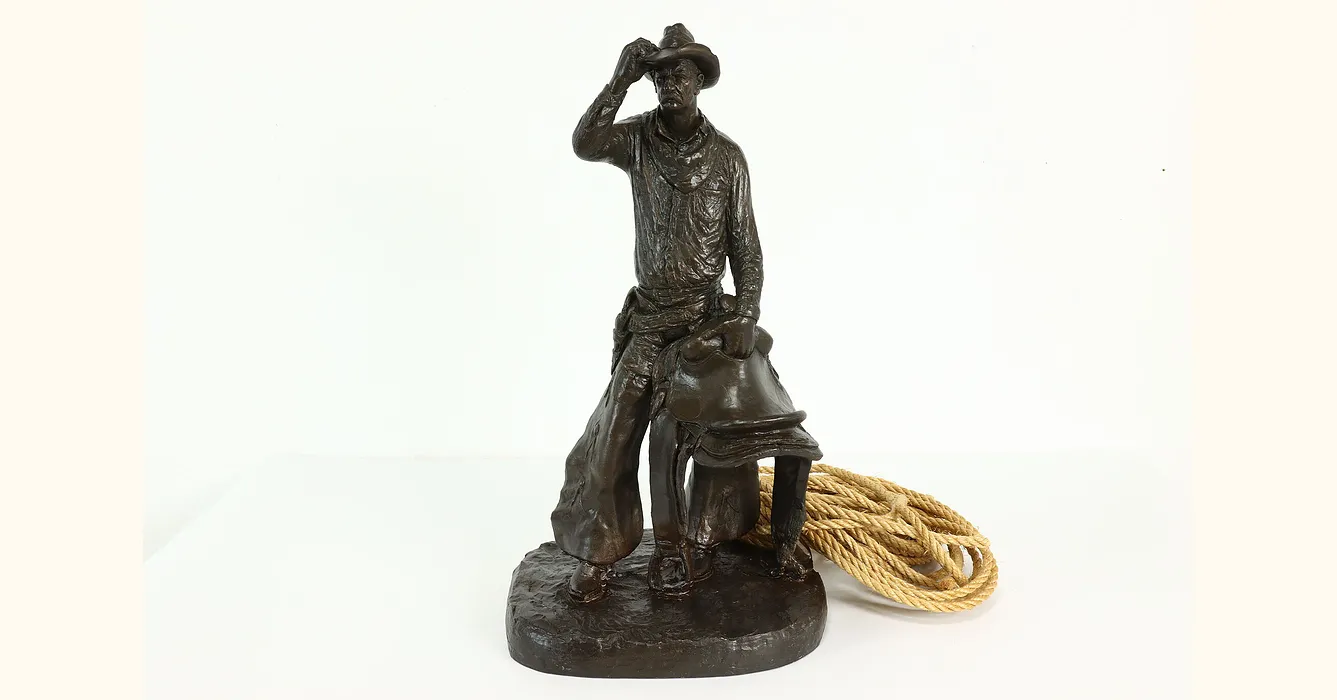 Western Cowboy with Saddle Resin Composite Vintage Sculpture