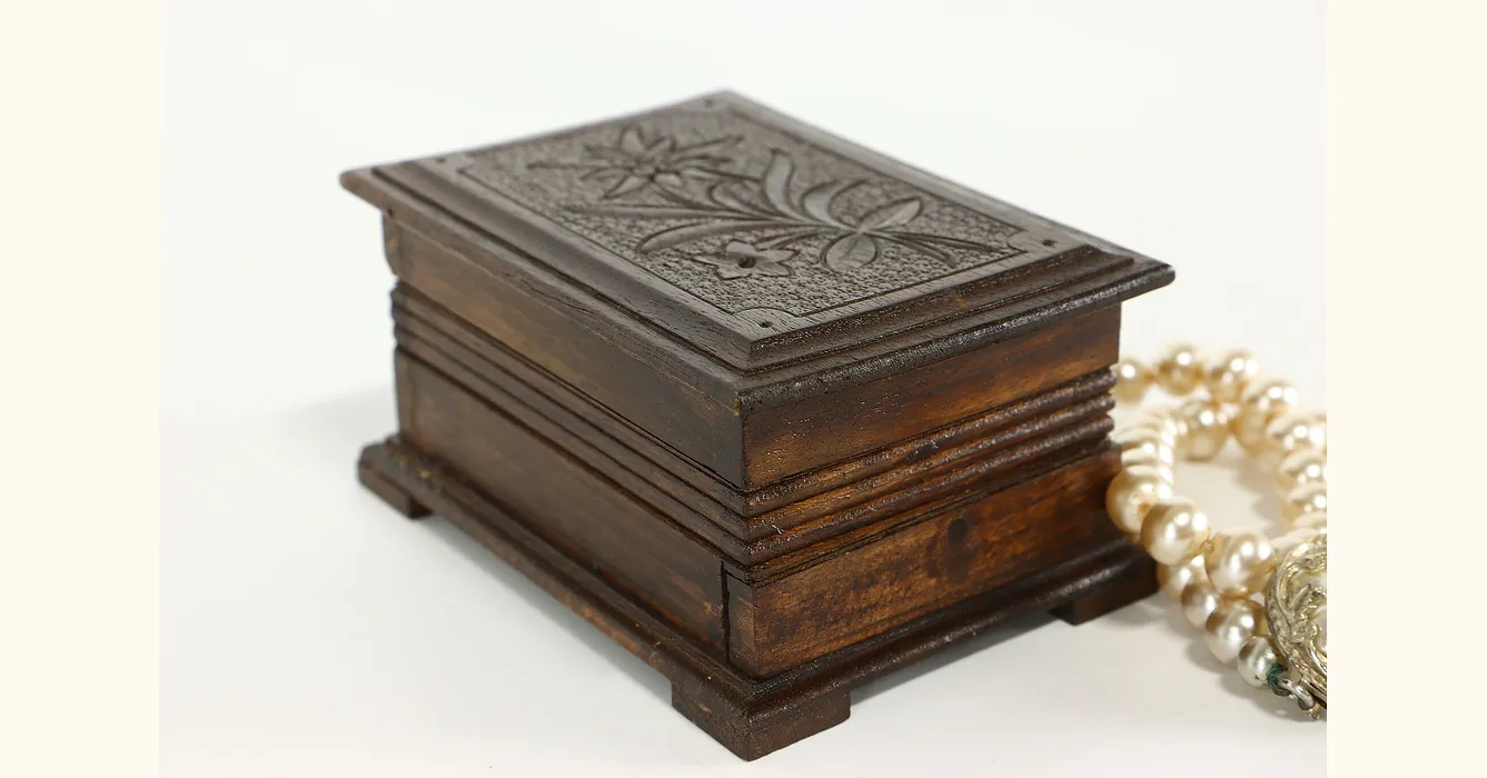 Swiss Vintage Carved Walnut Puzzle Box, Floral Motifs