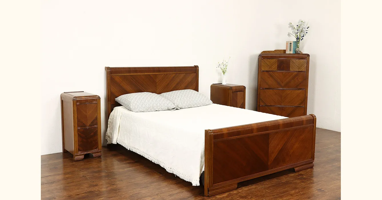 Art Deco Waterfall Design Vintage 4 Pc Bedroom Set Full Size Bed   1 .webp