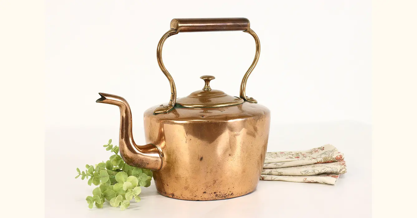 Farmhouse Vintage German Copper Melon Shape Teapot or Kettle