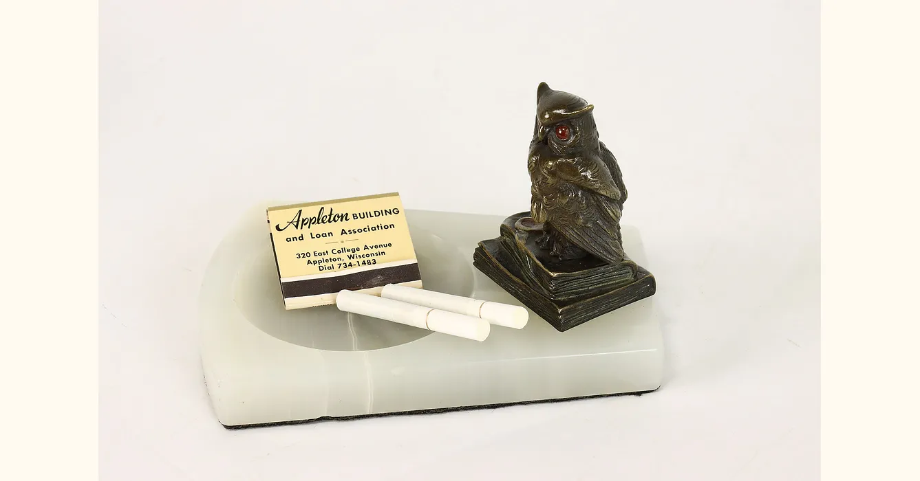 Art Deco Owl on Bookstack Antique Bronze & Onyx Ring or Ash Tray #42048