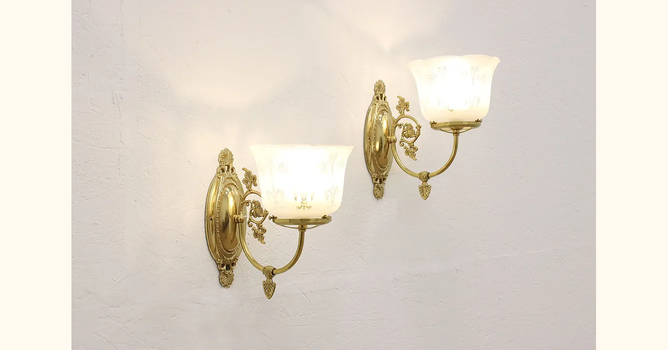 Victorian Style Vintage Pair of Frosted Shade & Brass Wall Sconces