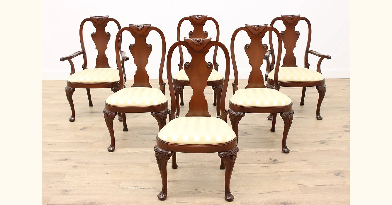 Set of 6 Vintage Mahogany Traditional Dining Chairs New Upholstery, Baker