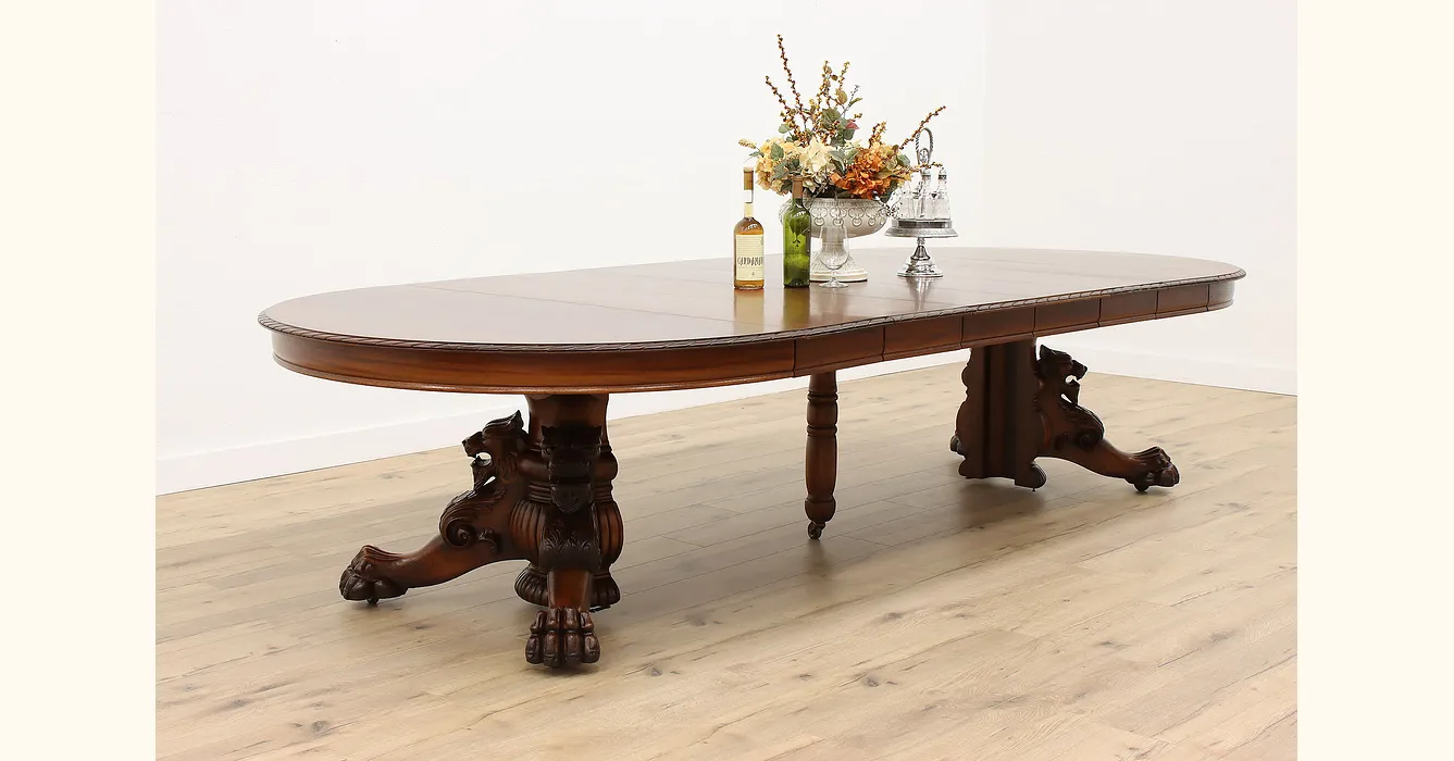 Empire Antique 5' Round Mahogany Dining Table, Extends 11,' Carved Lions