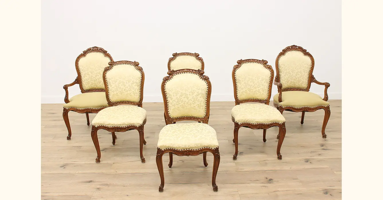 Set of 4 French Antique Louis XV Carved Walnut Dining Chairs W 
