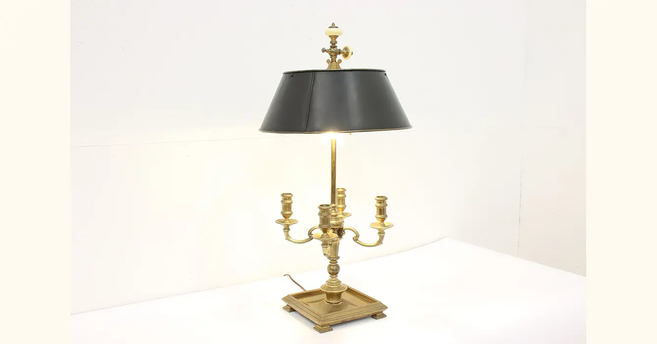 1970's E. F. Chapman Brass and Black Tole Bouillotte Style Floor  Lamp/Candelabra For Sale at 1stDibs