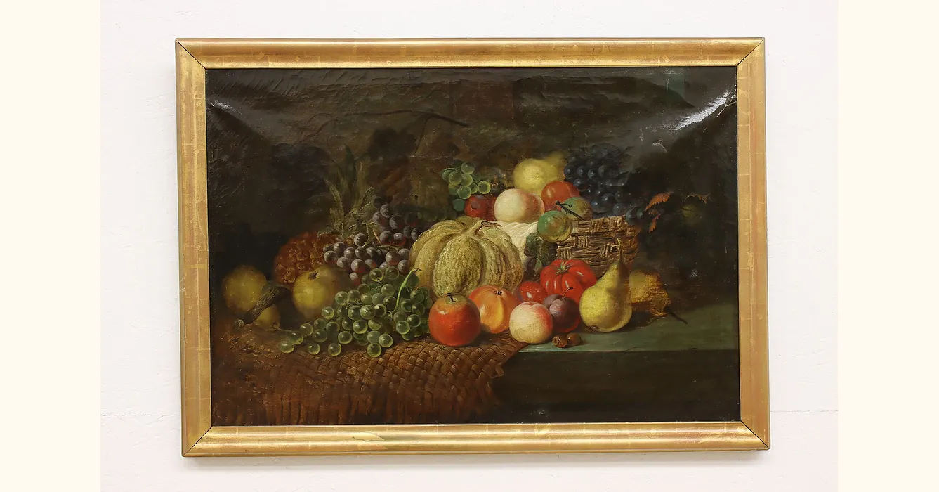 Vintage french oil painting 1980s 2024 on canvas, Still life Fruits vegetables, Antique Kitchen decor, Tableau Nature norte France