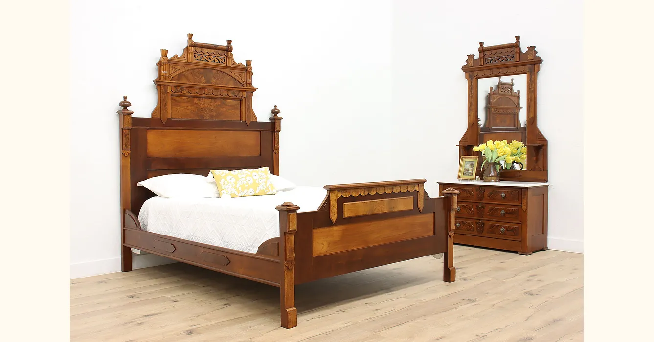 Victorian Antique Walnut & Marble 2 Pc Bedroom Set, Queen Size