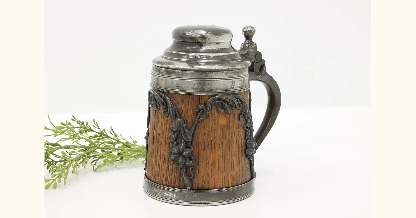 Silverplate, Brass & Oak Antique Mug or Stein, St. Louis Silver Co