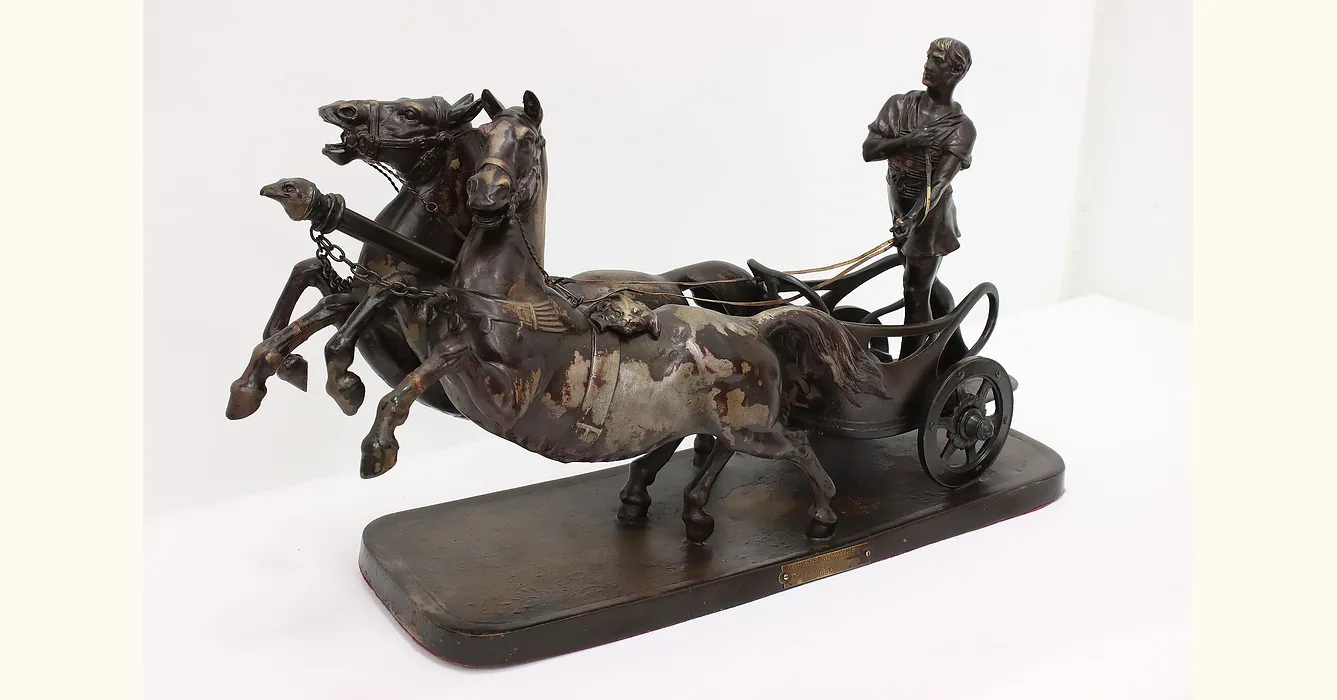 French Antique Horse Chariot Racing Sculpture after Hingre