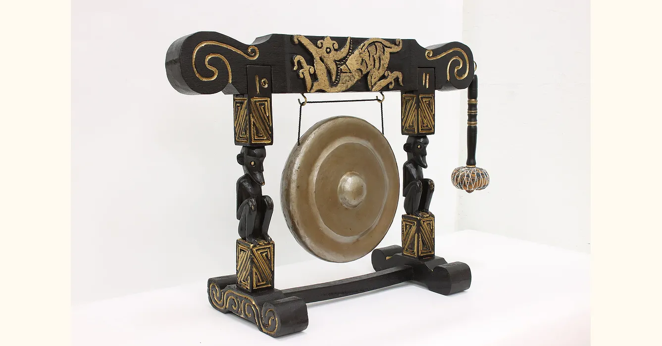 African Carved & Painted Vintage Temple Dinner Gong & Mallet