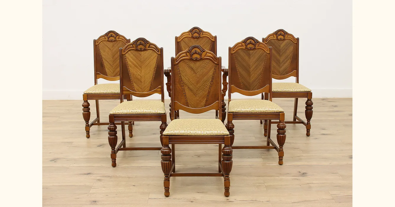 Set of 6 Art Deco Vintage Dining Chairs New Upholstery