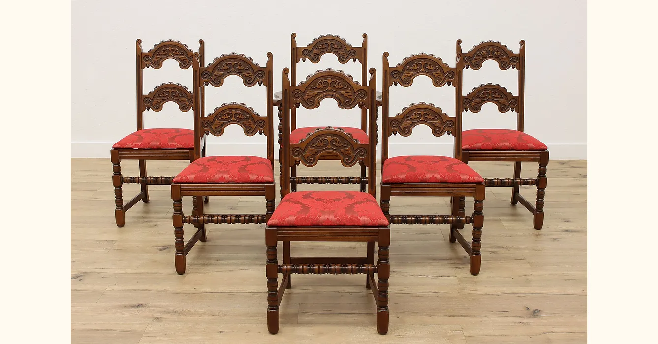 Set of 6 Tudor Vintage Oak Dining Chairs, New Upholstery