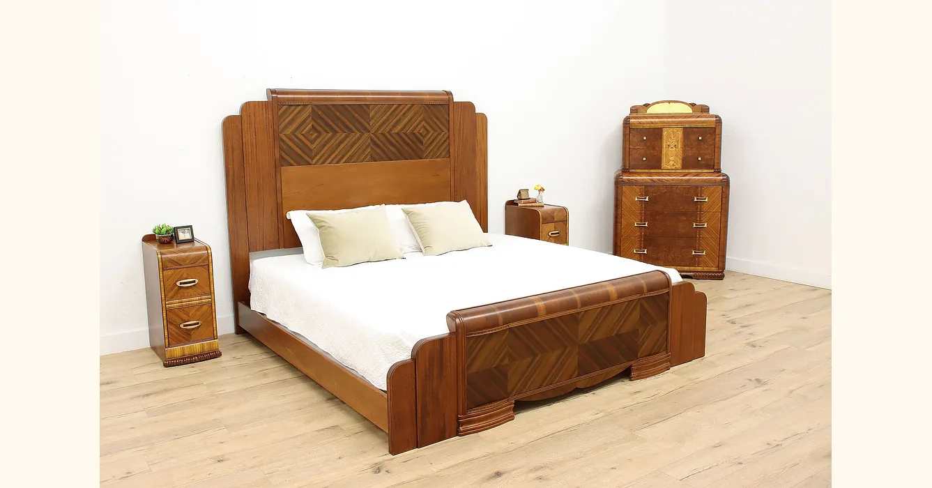 Art Deco Vintage Waterfall 4 Pc. Bedroom Set, Queen Size Bed